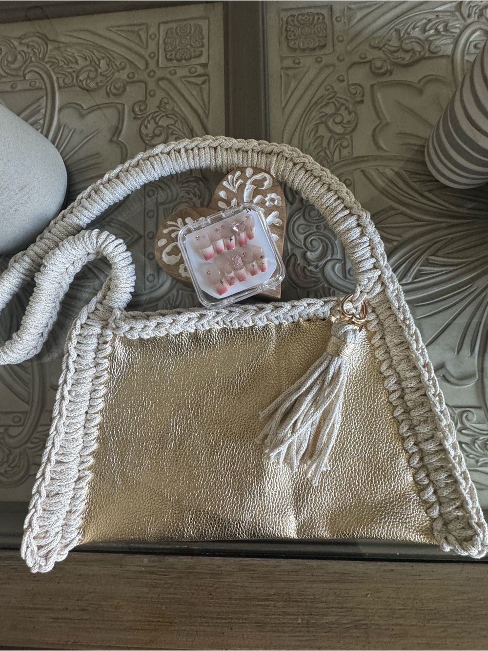 Bonita Bolso by Yvonne Metallic Gold Clutch with Cream Braided Trim and Tassel